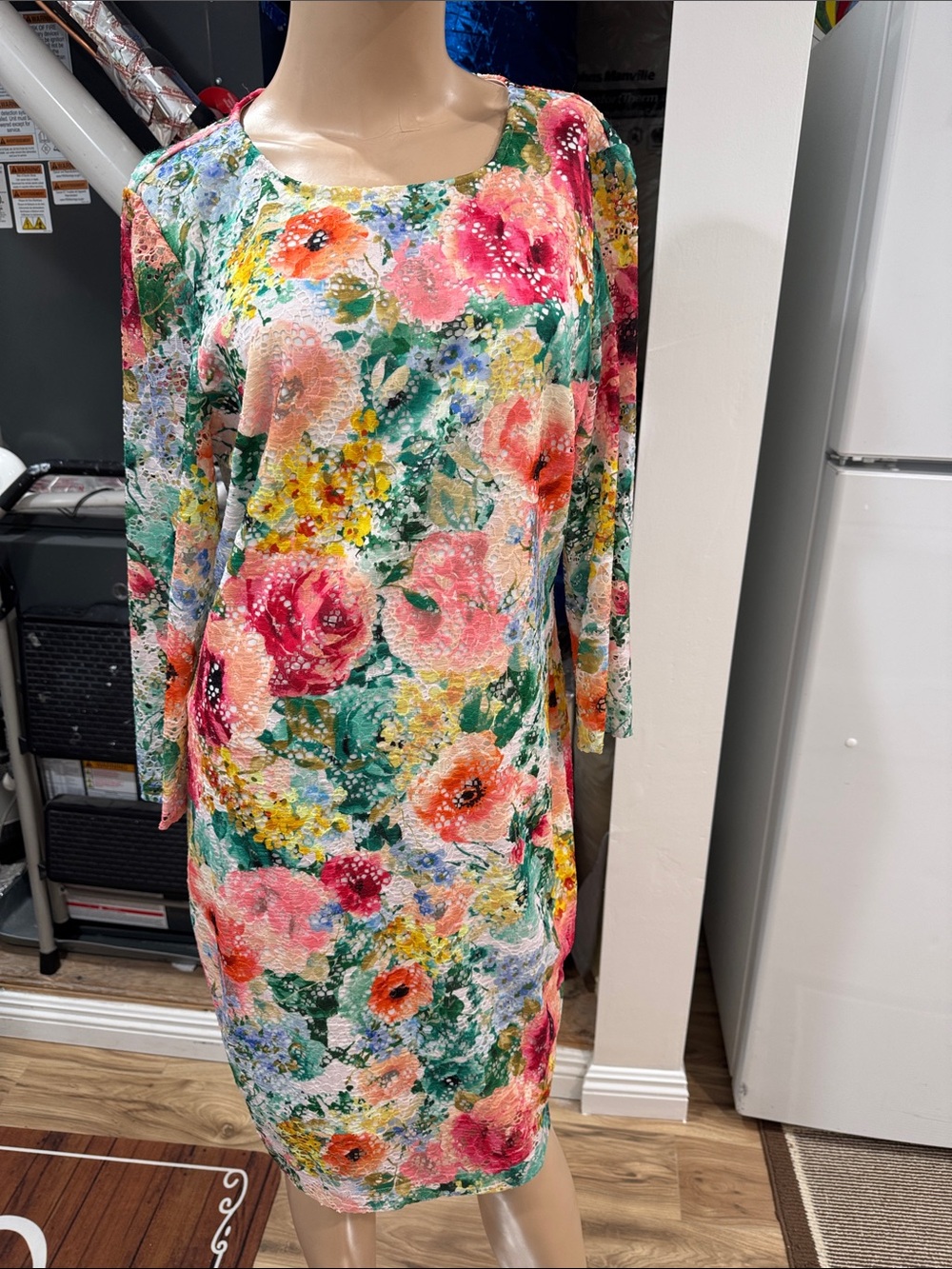 Kensie Floral Scoop Neck 3/4 Sleeve Dress in Pink, Green & Yellow & orange lace